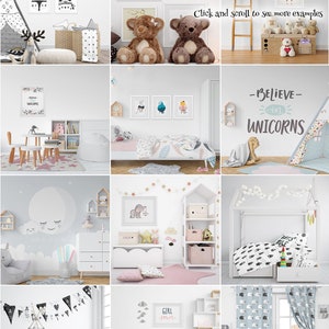 May include: A collection of 85 nursery room designs featuring various wall art, bedding, curtains, and decor. The designs include a variety of themes, such as animals, stars, and rainbows. The designs are perfect for creating a unique and stylish nursery.