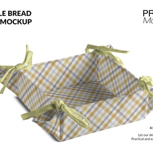 May include: Foldable bread basket mockup with a yellow, grey, and white plaid pattern. The basket has light yellow ties at each corner. The text "FOLDABLE BREAD BASKET MOCKUP" is at the top left. The text "PREMIUM Mock-Ups" is at the top right.