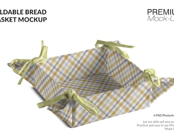 Könnte beinhalten: Faltbare Brot-Korb-Attrappe mit einem gelb, grau und weiß karierten Muster. Der Korb hat hellgelbe Bindungen an jeder Ecke. Der Text "FOLDABLE BREAD BASKET MOCKUP" steht oben links. Der Text "PREMIUM Mock-Ups" steht oben rechts.
