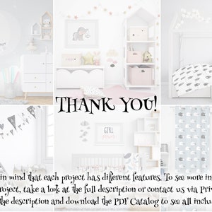May include: A collage of images showcasing a variety of nursery decor items, including a white crib with a black and white patterned bedding set, a white teepee tent with a black and white patterned fabric, a white bookshelf with pink and white storage bins, and a white dresser with a white cloud wall decal. The text "THANK YOU!" is displayed in the center of the collage.