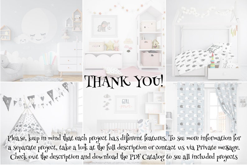 May include: A collage of images showcasing a variety of nursery decor items, including a white crib with a black and white patterned bedding set, a white teepee tent with a black and white patterned fabric, a white bookshelf with pink and white storage bins, and a white dresser with a white cloud wall decal. The text "THANK YOU!" is displayed in the center of the collage.