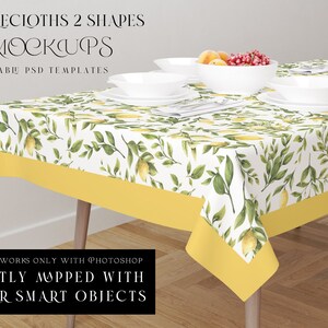 May include: A white tablecloth with a lemon print and yellow border, set on a wooden table with plates and bowls. The text "PVC Tablecloths 2 Shapes PSD Mockups 6 Customizable PSD Templates" is at the top of the image.