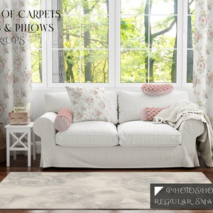 Carpet Pillows and Curtains Mockup | Digital Photoshop Carpets Template | Rounded Corners Carpet |  Rectangular Carpet | Round Rug Mockup|