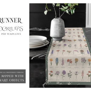 May include: A floral table runner mockup with a green border and white flowers on a beige background. The runner is on a black table with a vase and plates.
