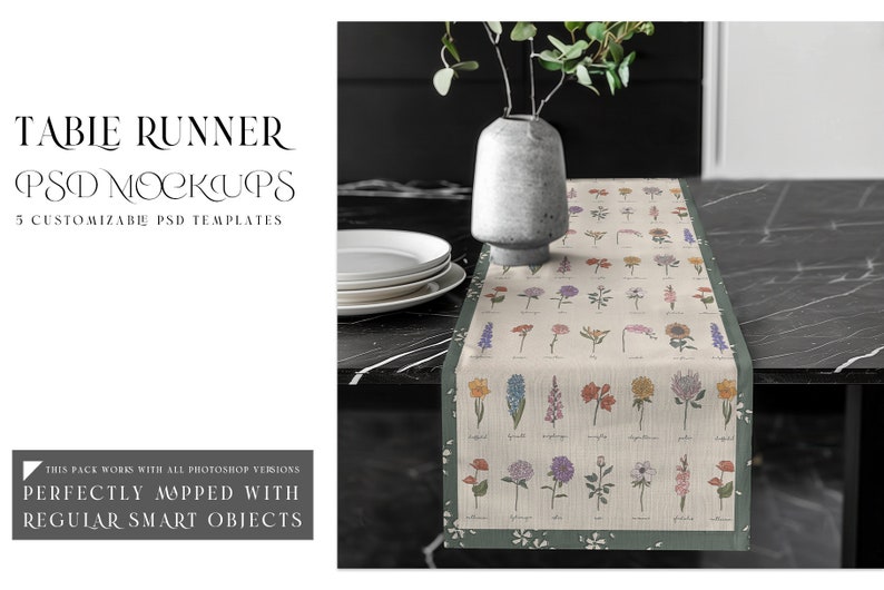May include: A floral table runner mockup with a green border and white flowers on a beige background. The runner is on a black table with a vase and plates.