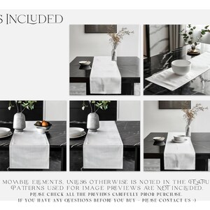 May include: Four different views of a white table runner on a black marble table. The table runner is made of a soft, textured fabric. The table runner is approximately 14 inches wide and 70 inches long.