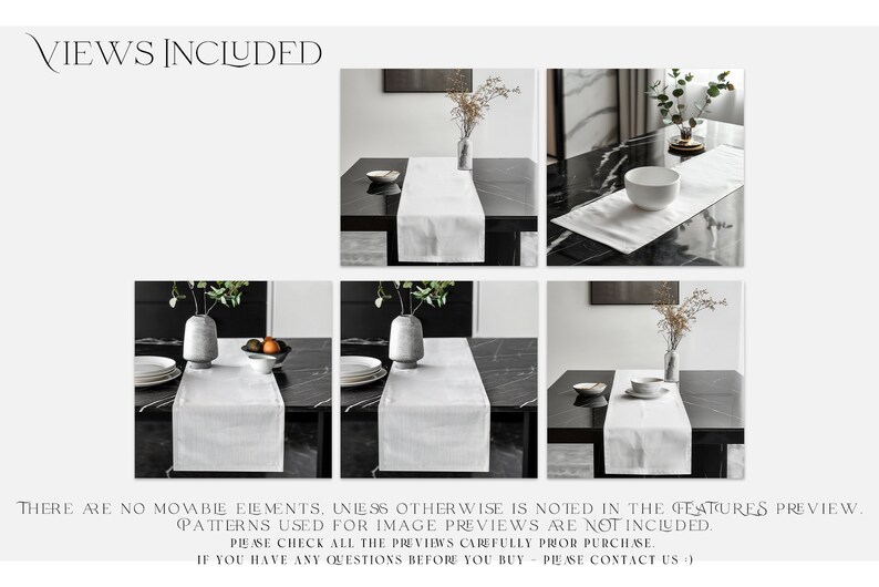 May include: Four different views of a white table runner on a black marble table. The table runner is made of a soft, textured fabric. The table runner is approximately 14 inches wide and 70 inches long.