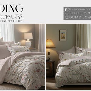 May include: Two mockup images of a bed with white bedding featuring a floral pattern. The bedding includes a duvet cover, a flat sheet, and two pillowcases. The bed is styled with a throw pillow and a lamp on a nightstand. The text "BEDDING PSD MOCKUPS 2 CUSTOMIZABLE PSD TEMPLATES" is at the top of the image. The text "THIS PACK WORKS WITH PHOTOSHOP PERFECTLY MAPPED VIA REGULAR SMART OBJECTS" is at the top right of the image.