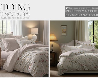 May include: Two mockup images of a bed with white bedding featuring a floral pattern. The bedding includes a duvet cover, a flat sheet, and two pillowcases. The bed is styled with a throw pillow and a lamp on a nightstand. The text "BEDDING PSD MOCKUPS 2 CUSTOMIZABLE PSD TEMPLATES" is at the top of the image. The text "THIS PACK WORKS WITH PHOTOSHOP PERFECTLY MAPPED VIA REGULAR SMART OBJECTS" is at the top right of the image.