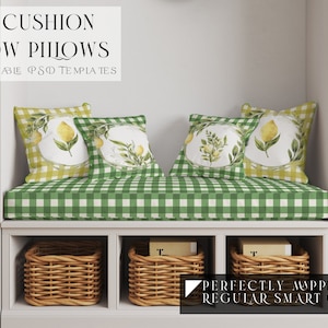 May include: A white bench with a green and white checkered cushion and four lemon-themed throw pillows. The bench is in a room with white cabinets and shelves. The shelves are filled with books and baskets.