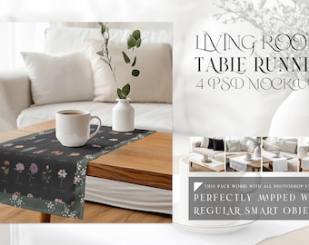 Table Runner Mockup | Table Runner Template | Digital Table Textile | Photoshop Table Runner |  Living Room Table Runner Mockup