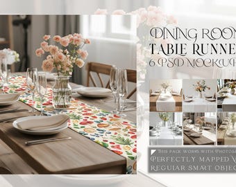 May include: A set of 6 dining room table runner mockups featuring a white table runner with a colorful floral design. The mockups are displayed on a wooden table with plates, glasses, and silverware. The text "Dining Room Table Runner 6 PSD Mockups" is displayed at the top of the image. The text "This pack works with Photoshop Perfectly Mapped via Regular Smart Objects" is displayed at the bottom of the image.