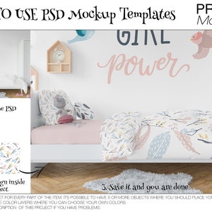 May include: A white bed with a pink and white floral patterned duvet cover and a pink pillow with a gray stuffed animal. The wall behind the bed has a pink and white sign that says "girl power" and a bird decal.