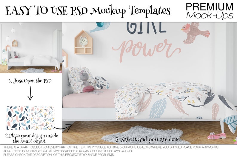 May include: A white bed with a pink and white floral patterned duvet cover and a pink pillow with a gray stuffed animal. The wall behind the bed has a pink and white sign that says "girl power" and a bird decal.