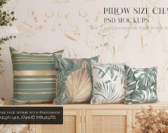 Pillow Size Chart Mockup | Photoshop Pillow Size Chart | Pillow Size Chart Template| Digital Throw Pillow | Pillow Template |