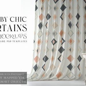 May include: Shabby chic curtains with a geometric pattern in shades of peach, gray, and white. The curtains are made of a soft, flowing fabric and are perfect for adding a touch of elegance to any room.  "This pack works with Photoshop. Perfectly mapped via regular smart objects."