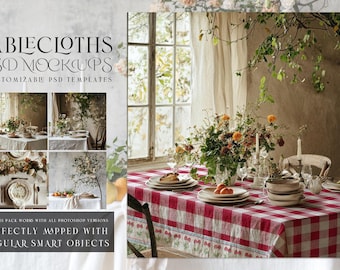 Tablecloth Mockup | Table Cover | Digital Tablecloth Template | Dining Room Textile Mockup | Photoshop Kitchen Tablecloth Mockup