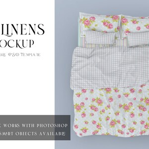 May include: A top-down view of a bed with a white and gray gingham patterned duvet cover and a floral patterned bedspread. The pillows are also floral patterned. The text "BED LINENS PSD MOCKUP 1 CUSTOMIZABLE PSD TEMPLATE" is visible at the top of the image.