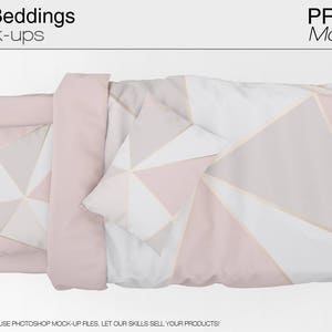 May include: A single bed mockup with a pink and white geometric patterned duvet cover and pillow. The bedding is arranged on a white background.