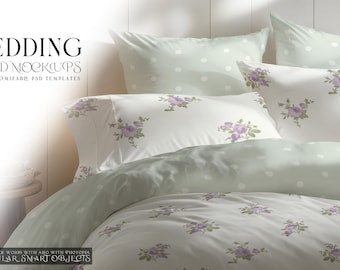 May include: Bedding PSD mockups featuring a bed with pillows and a duvet. The bedding has a white background with a floral pattern in purple and green. The duvet cover is light green with white polka dots. The text "BEDDING PSD MOCKUPS" is at the top.