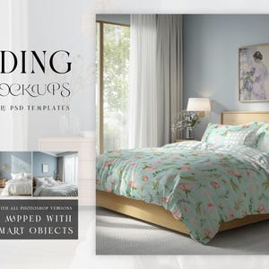 Pode incluir: Uma maquete de um conjunto de roupa de cama com um padrão floral em tons de verde, rosa e branco. A roupa de cama está em uma cama com uma estrutura de madeira e é estilizada em um ambiente de quarto com uma janela e obras de arte na parede.