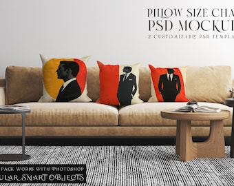 Pillow Size Chart Mockup | Photoshop Pillow Size Chart | Pillow Size Chart Template| Digital Throw Pillow | Pillow Template |