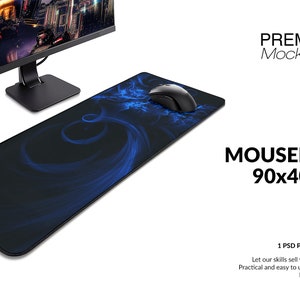 May include: A black and blue mousepad with a swirling design. The mousepad is 90 inches by 40 inches. The image includes the text "PREMIUM Mock-Ups", "MOUSEPAD 90x40cm", and "1 PSD Photoshop File Let our skills sell your products! Practical and easy to use Photoshop Mock-Up files."