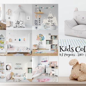 May include: A collection of 85 kids room design projects featuring 390+ PSD mock-ups. The image shows a variety of children's furniture, decor, and accessories, including a white bookcase, a pink bed with a white canopy, a gray cat-shaped armchair, and a knitted bunny toy.