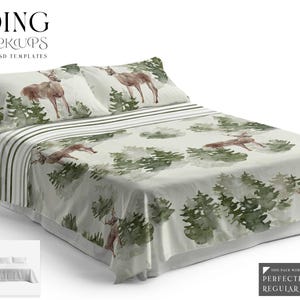 Puede incluir: Un juego de cama blanco con estampado de acuarela de ciervos y bosque. El juego de cama incluye un sábana bajera, un sábana encimera y dos fundas de almohada. El juego es personalizable con objetos inteligentes estándar.