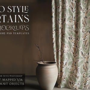 May include: Boho style curtains PSD mockups. 7 customizable PSD templates. This pack works with Photoshop. Perfectly mapped via regular smart objects.
