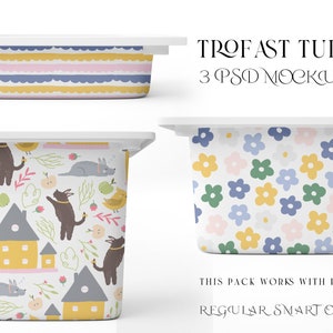 May include: Three white plastic TROFAST storage boxes with lids. The boxes are decorated with different patterns: yellow and blue stripes, a floral pattern with pink, blue, and yellow flowers, and a white background with a repeating pattern of houses, birds, and dogs.