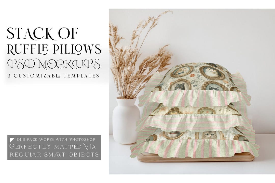 Outlay Template Ruffle Stack of Ruffle Pillows Mockup | Photoshop Ruffle Pillows Stack | Stack ...