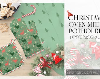 Christmas Oven Mitt and Potholder Mockups | Photopea and Photoshop (PSD)