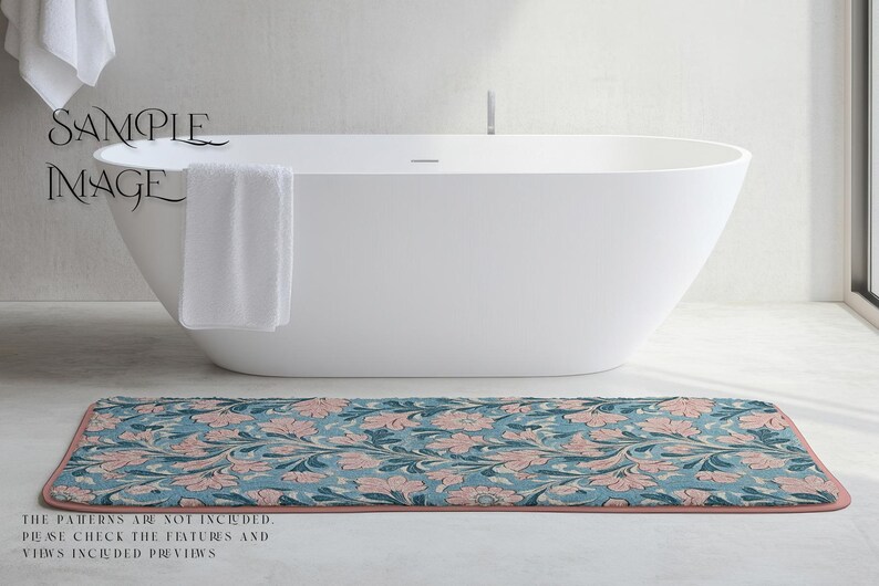 May include: A white bathtub with a blue and pink floral bath mat. The bath mat has a pink border.