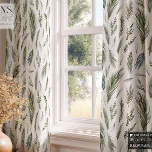 May include: Cream-colored curtains with a green leaf pattern hang beside a window. The curtains have the text "CURTAINS PSD MOCKUPS" at the top. A vase with dried flowers sits in front of the window.