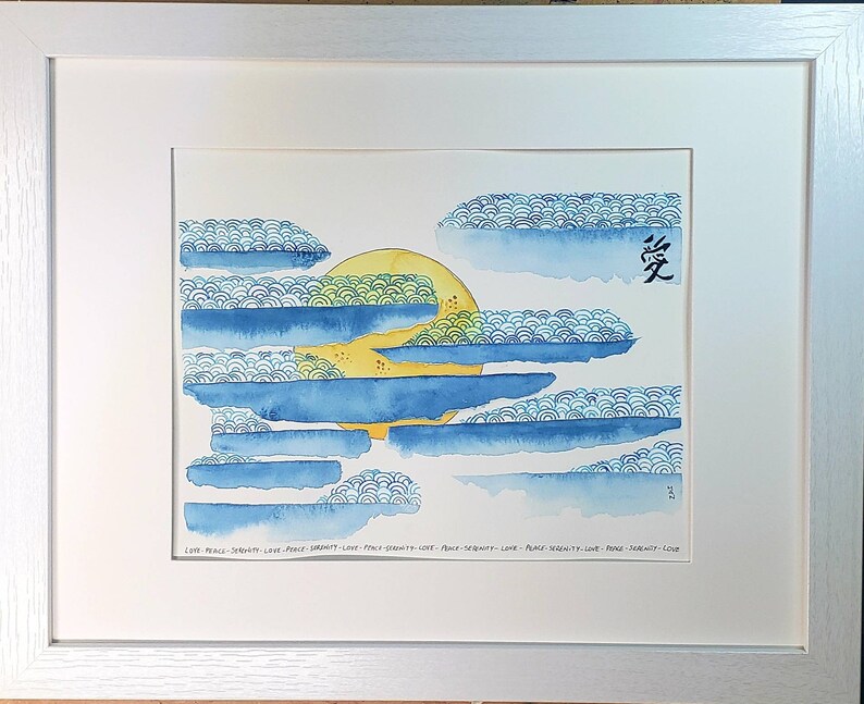 May include: A watercolour painting of a yellow sun setting behind blue clouds with a repeating pattern of small circles. The word "愛" is written in black ink in the top right corner of the image. The text "LOVE PEACE-SERENITY-LOVE-PEACE-SERENITY-LOVE-PEACE-SERENITY-LOVE-PEACE-SERENITY-LOVE-PEACE-SERENITY-LOVE" is written in black ink at the bottom of the image.