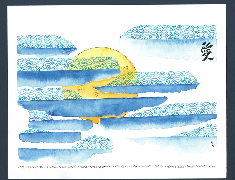 May include: A watercolour painting depicting a yellow sun with blue and green waves. The word "愛" is written in black ink in the top right corner of the image. The words "LOVE-PEACE-SERENITY-LOVE-PEACE-SERENITY-LOVE-PEACE-SERENITY-LOVE-PEACE-SERENITY-LOVE-PEACE-SERENITY-LOVE-PEACE SERENITY-LOVE" are written in black ink at the bottom of the image.