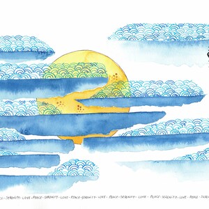 May include: A watercolour painting of a yellow sun with blue and green clouds. The clouds are made up of repeating patterns of small circles. The word "愛" is written in black ink in the top right corner of the image.