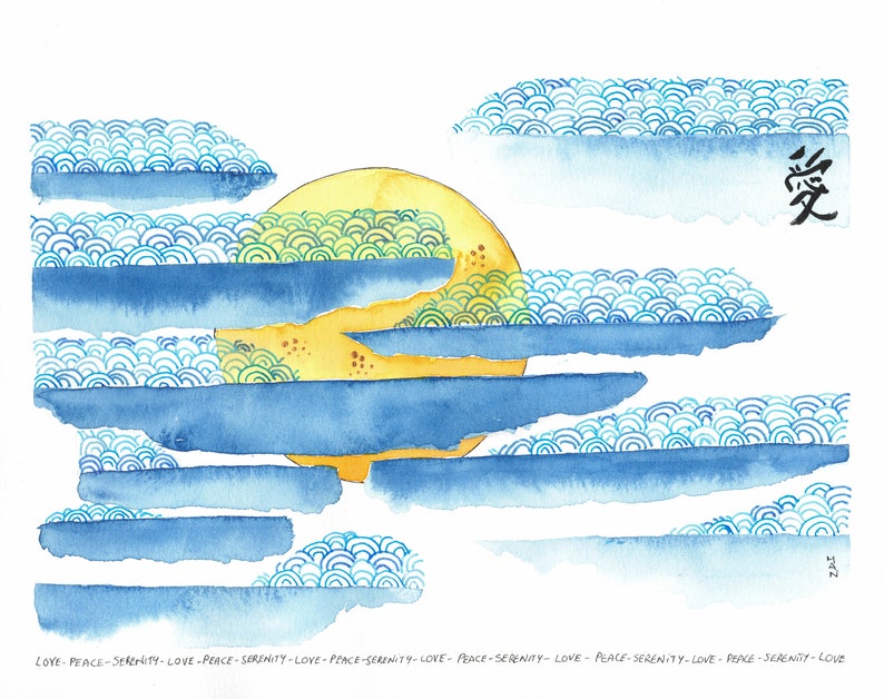 May include: A watercolour painting of a yellow sun with blue and green clouds. The clouds are made up of repeating patterns of small circles. The word "愛" is written in black ink in the top right corner of the image.