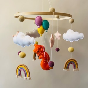 Fox Mobile, Macrame Rainbow Mobile, Nursery, Baby Girl Mobile, Baby Boy Mobile, Crib Mobile, Felt Hanging Mobile, Newborn Gift