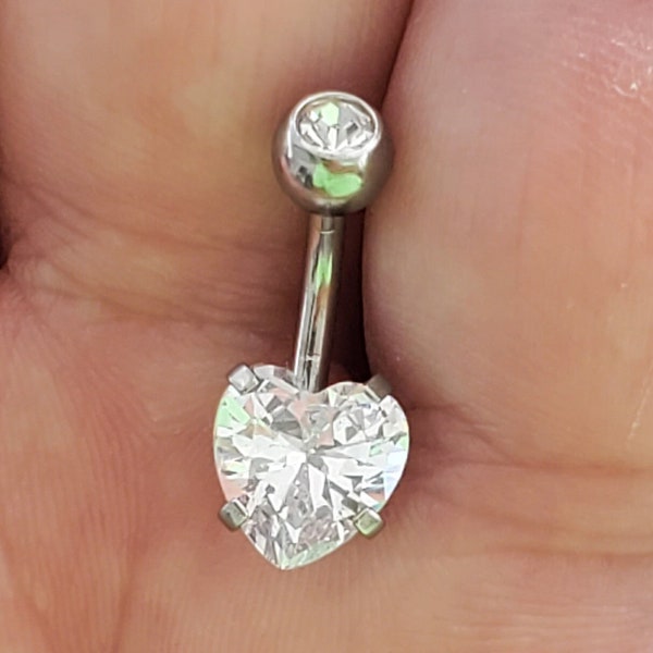 14g Heart CZ Prong set, Large 8mm Heart Stone, 316L Surgical Stainless Steel, Belly Ring, Navel Ring, Double Gem