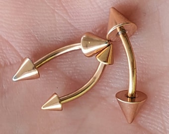 16g Rose Gold Spike Cone Eyebrow Curved Barbell Ring, Eyebrow Jewelry, Eyebrow Piercing, Eyebrow Barbell, 6mm, 8mm, 10mm, Titanium PVD