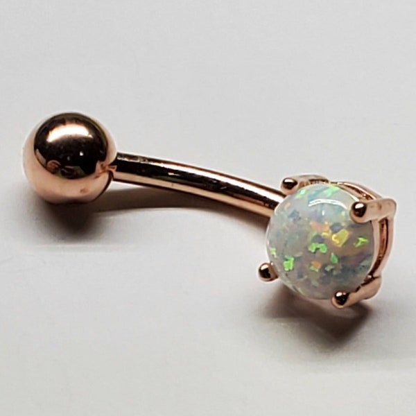 14g Belly Button, 10mm w/ White Fire Opal, Rose Gold 316L Stainless Steel, Belly Ring, Navel Ring