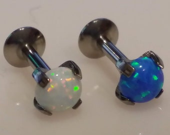 16g Prong Set Opal Stone - White Fire Opal- Blue Opal 6mm Long, Barbell, Triple Forward Helix, Tragus, Helix, Cartilage, forward hex earring