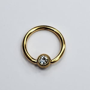 Gold Captive Bead Ring with CZ Ball CBR 18g 16g 14g Surgical Stainless Steel, Many Sizes Available