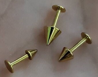 18g Gold Labret Spike, 3mm 4mm 5mm Cones,  Helix Triple Forward, Tragus, Labret, Cartilage, Ear,  1/4 = 6mm, 5/16 = 8mm, 3/8 = 10mm