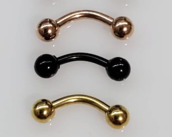 16g Curved Barbell, Tragus, Rook, Cartilage, Eyebrow, Septum, 6mm, 8mm, 10mm, 3mm Balls. Rose Gold, Black, Gold, Stainless