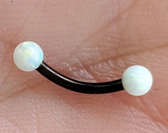 White Fire Opal Eyebrow Ring, Black Bar, Eyebrow Jewelry, Eyebrow Piercing, Eyebrow Barbell, 18g 16g, 6mm, 8mm, 10mm, 3mm Balls.