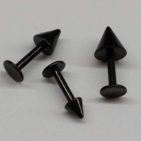 18g Black Labret Spike, 3mm 4mm 5mm Cones,  Helix Triple Forward, Tragus, Labret, Cartilage, Ear,  1/4 = 6mm, 5/16 = 8mm, 3/8 = 10mm