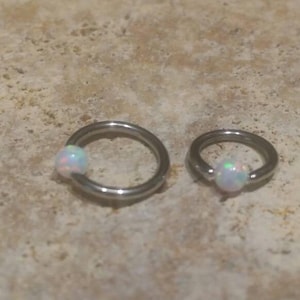 White Fire Opal 16g Captive Bead Ring, CBR, 6mm, 8mm, Tragus, Daith, Rook, Ear, Cartilage, Nose, Eyebrow, Piercings